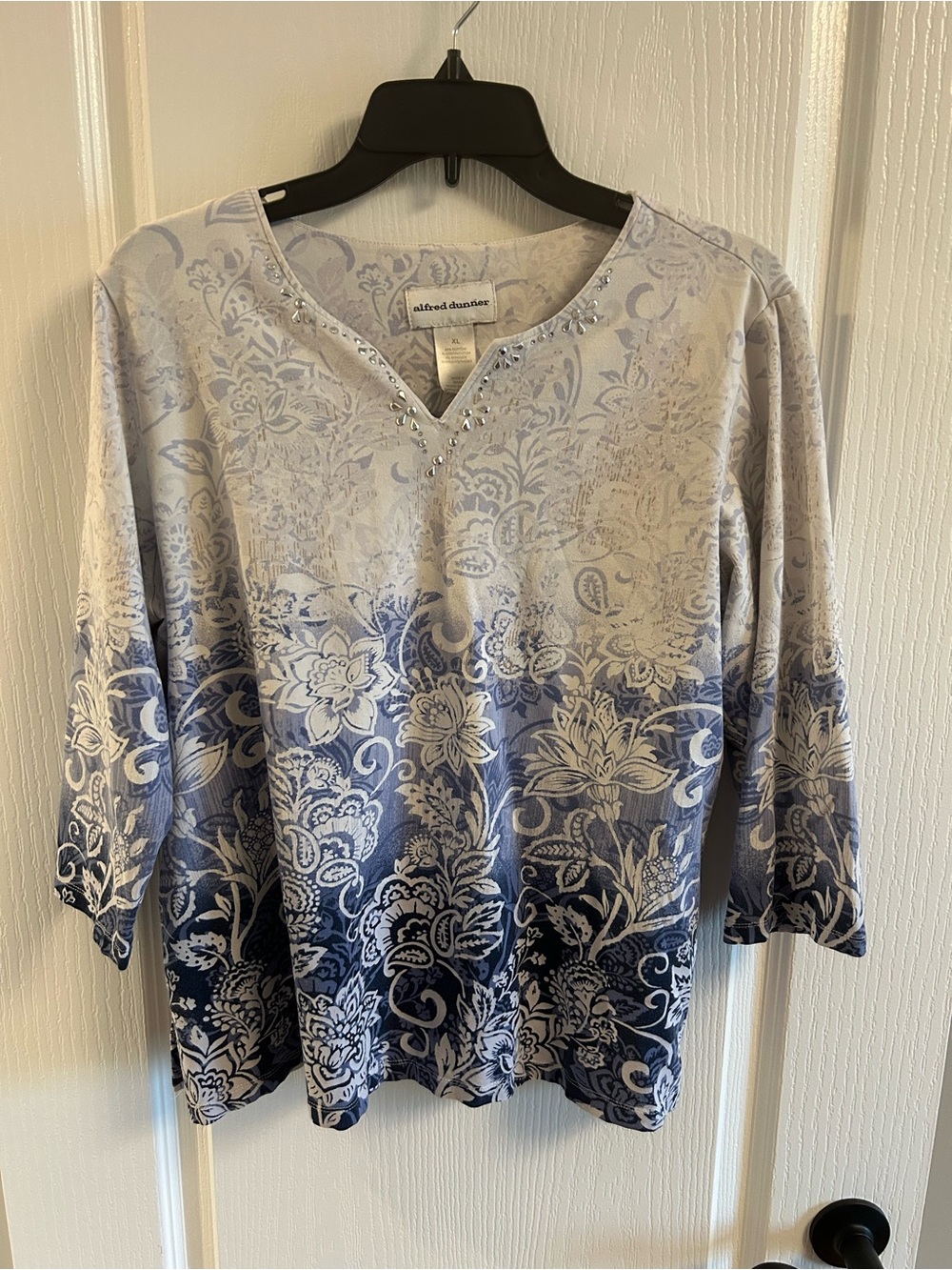 Alfred Dunner Light Blue Floral V-Neck Top with Rhinestones